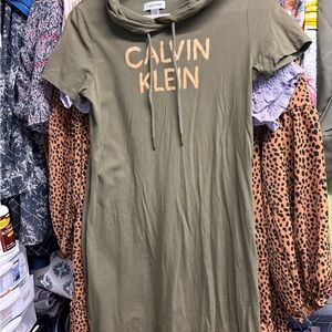 Calvin Klein Olive Green Hooded Tee with Peach Logo